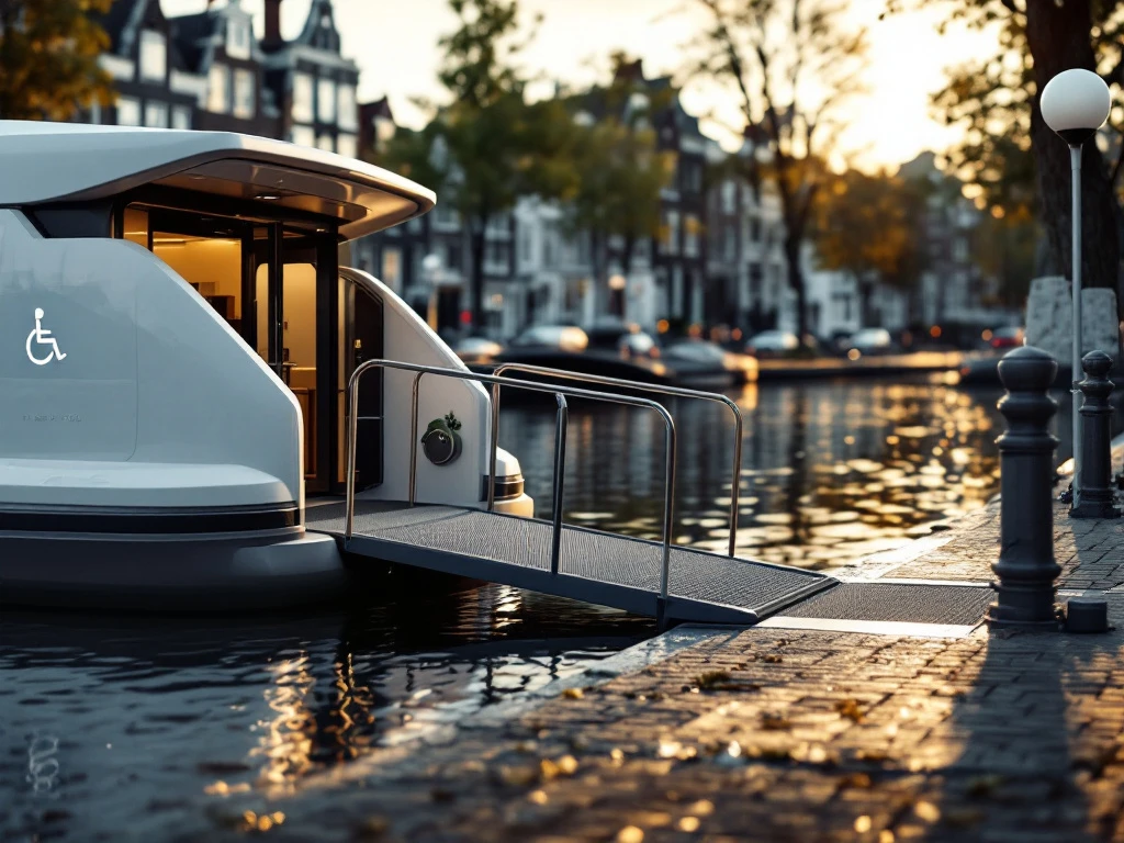 Modern electric boat with wheelchair accessibility ramp extended to dock on Amsterdam canal with historic Dutch houses