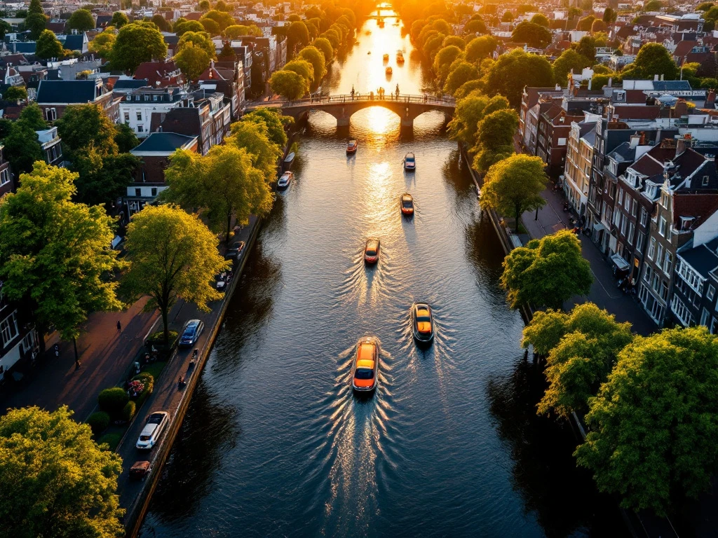 Aerial view of Amsterdam's historic canals at golden hour with electric boats, traditional Dutch architecture, and bridges