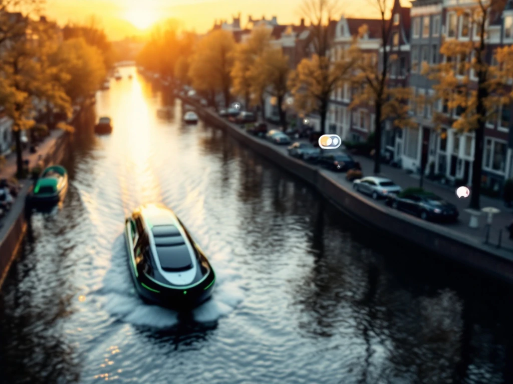 Electric boat glides through Amsterdam canals at sunset with smartphone booking interface overlay showing modification options
