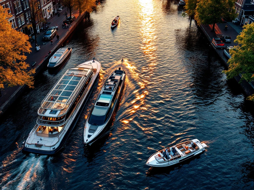 Aerial view of Amsterdam canals with three boats - glass-topped tour boat, modern electric vessel, and small open boat at golden hour