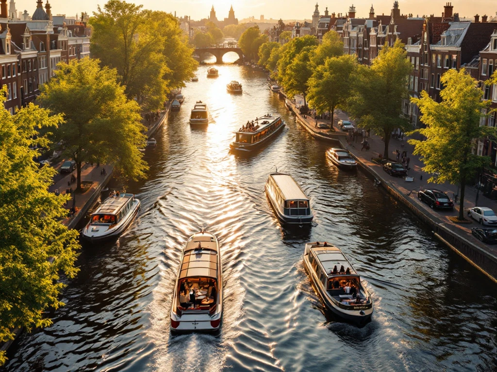 Aerial view of Amsterdam canals at golden hour with themed canal boats, historic Dutch houses, and warm sunlight reflections