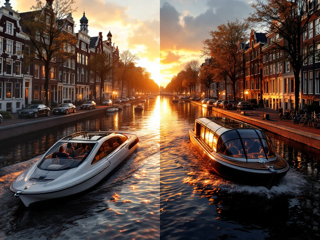 Split-screen showing Amsterdam canal boats: open electric boat and covered glass-top boat cruising historic canals with traditional Dutch houses