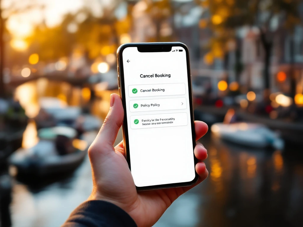 Hands holding smartphone showing Amsterdam canal cruise booking cancellation screen with canal houses and electric boats in background