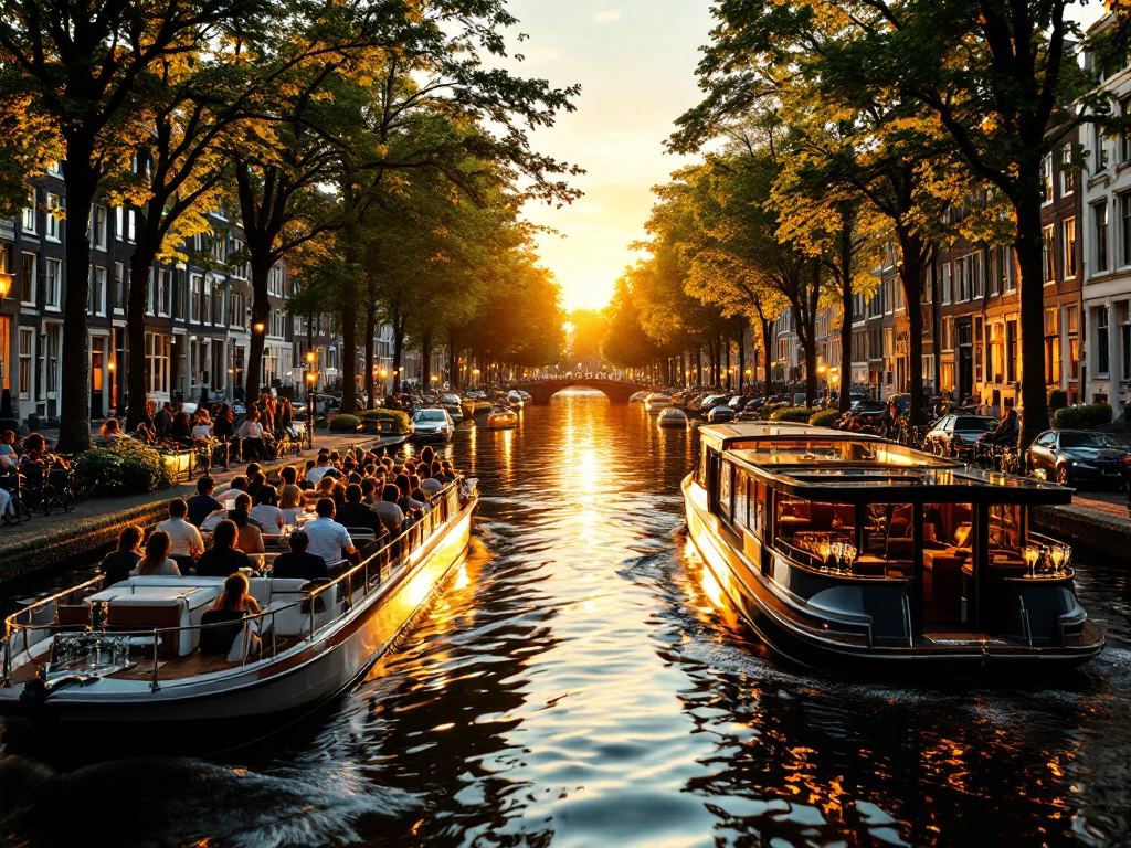 Amsterdam canal cruise comparison: crowded standard tour boat versus luxury electric boat with leather seats on historic Herengracht canal