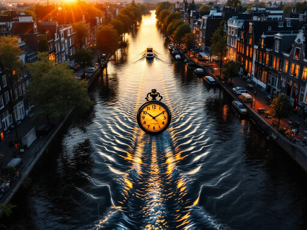 Aerial view of Amsterdam's concentric canals at golden hour with electric boat and historic gabled houses along waterways