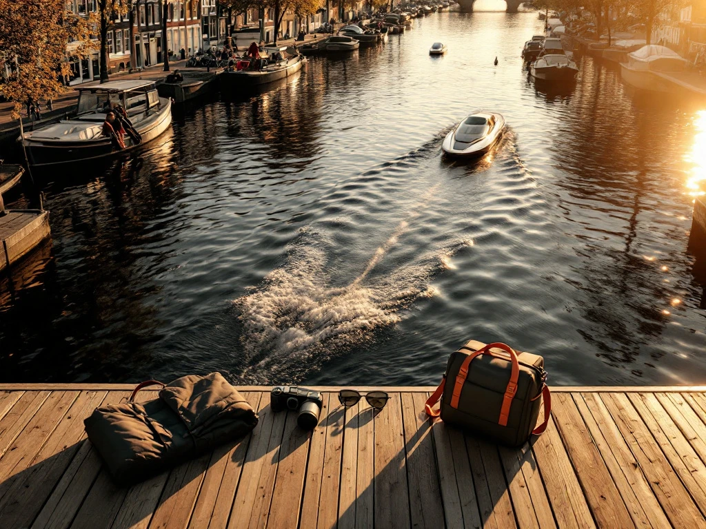 Electric boat gliding through Amsterdam canals at golden hour with historic gabled houses and cruise gear on wooden dock