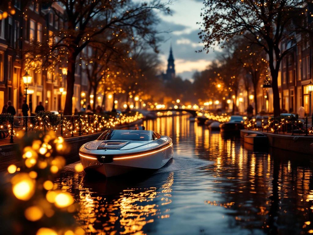 Electric boat with festive lights cruising Amsterdam canals at golden hour, historic Dutch houses reflecting in water