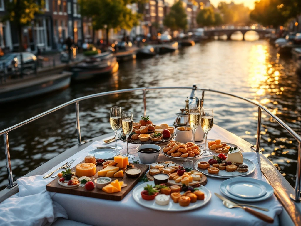 Luxury Amsterdam canal cruise boat with gourmet food spread including champagne and cheese platters on historic waterway