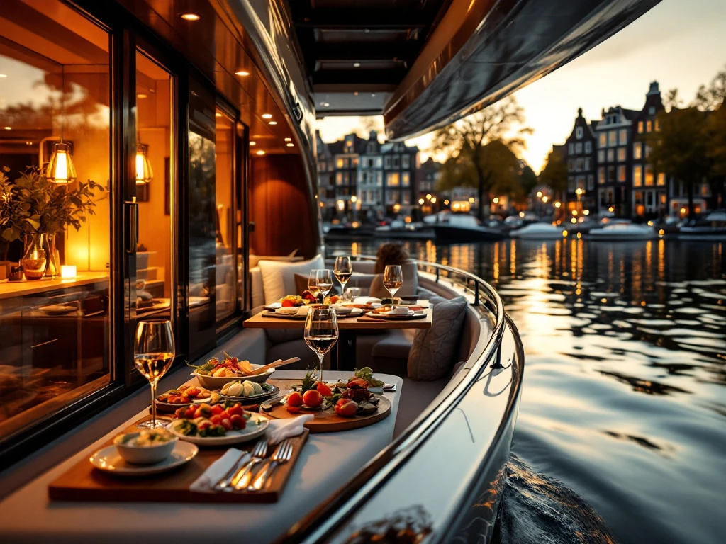 Luxury canal cruise boat with gourmet dining setup gliding through Amsterdam waterways at golden hour with historic houses