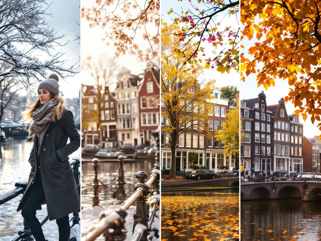 Split-screen showing seasonal Amsterdam canal cruise clothing: winter coats, spring layers, summer casual wear, autumn sweaters against historic canal houses