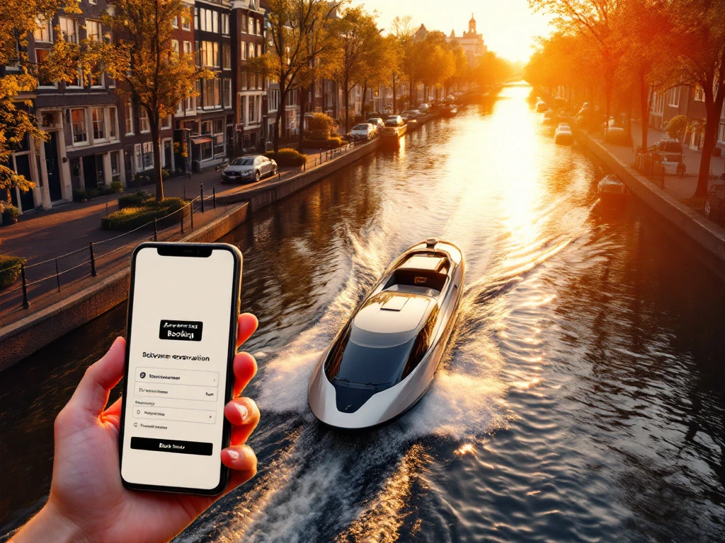 Electric boat gliding through Amsterdam canals at golden hour with historic gabled houses reflected in water and smartphone showing booking app