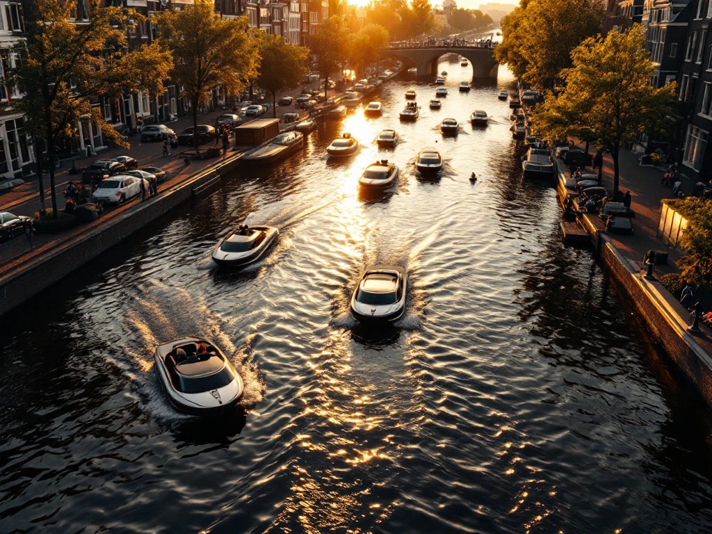 Electric boats navigating Amsterdam's historic canals at golden hour with UNESCO World Heritage architecture and bridges
