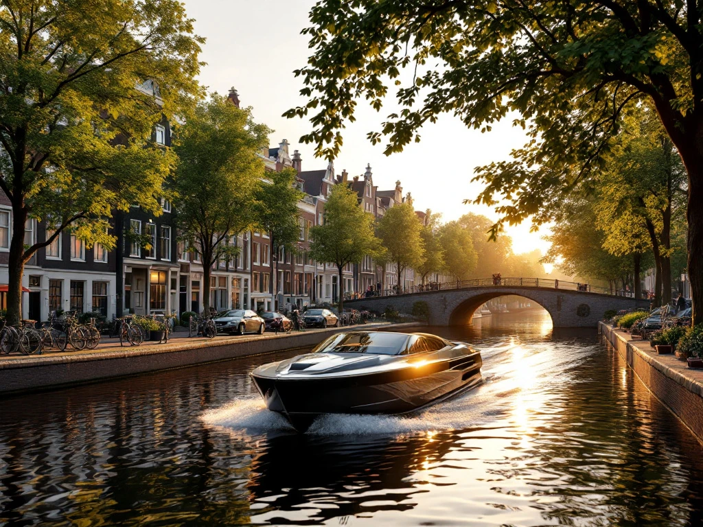 Electric boat cruising Amsterdam canal at golden hour with historic Dutch houses, stone bridges, and warm sunlight reflections