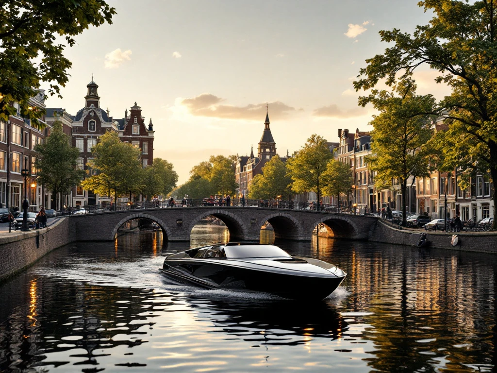 Electric boat cruising Amsterdam canal at golden hour with historic Dutch gabled houses and bridge reflections