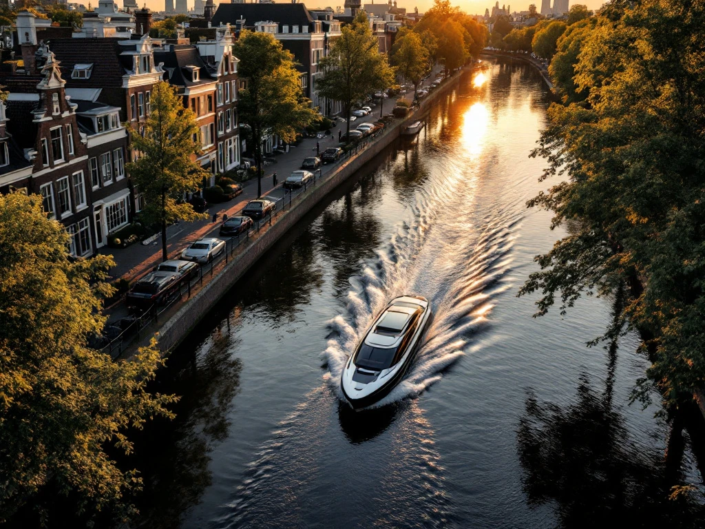 Electric boat cruising Amsterdam's historic canals at golden hour with 17th-century gabled houses reflecting in water