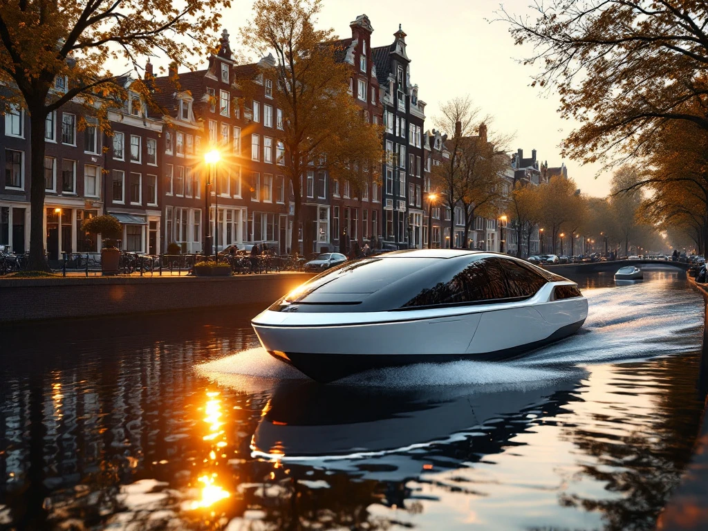 Modern electric boat cruising Amsterdam's historic canal at golden hour with 17th-century gabled houses reflected in water