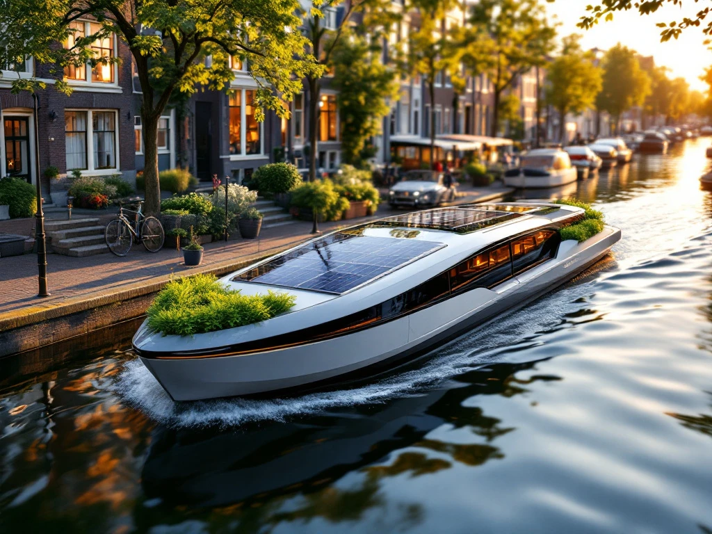 Modern electric boat with solar panels cruising Amsterdam canal past historic 17th-century gabled houses at golden hour