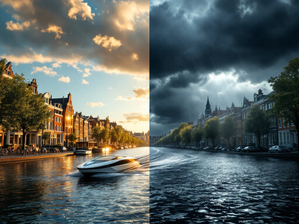 Amsterdam canal houses in split scene: sunny day with calm water and electric boat on left, stormy weather with rain on right