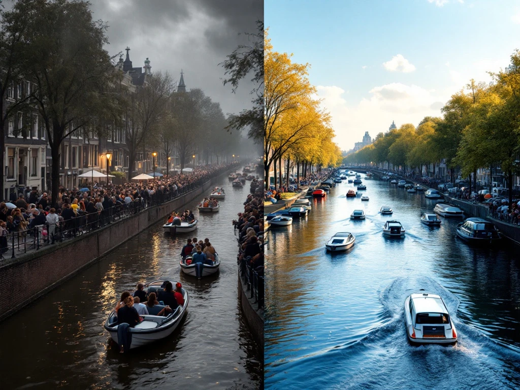 Split-screen Amsterdam canal comparison: crowded tourist boats in gray rain versus peaceful electric boats in sunny blue water