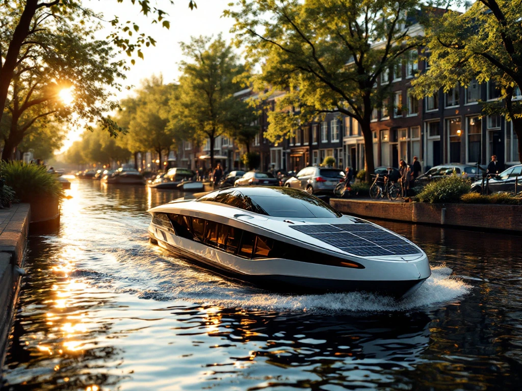 Electric boat with solar panels cruising Amsterdam canal past historic 17th-century gabled houses during golden hour