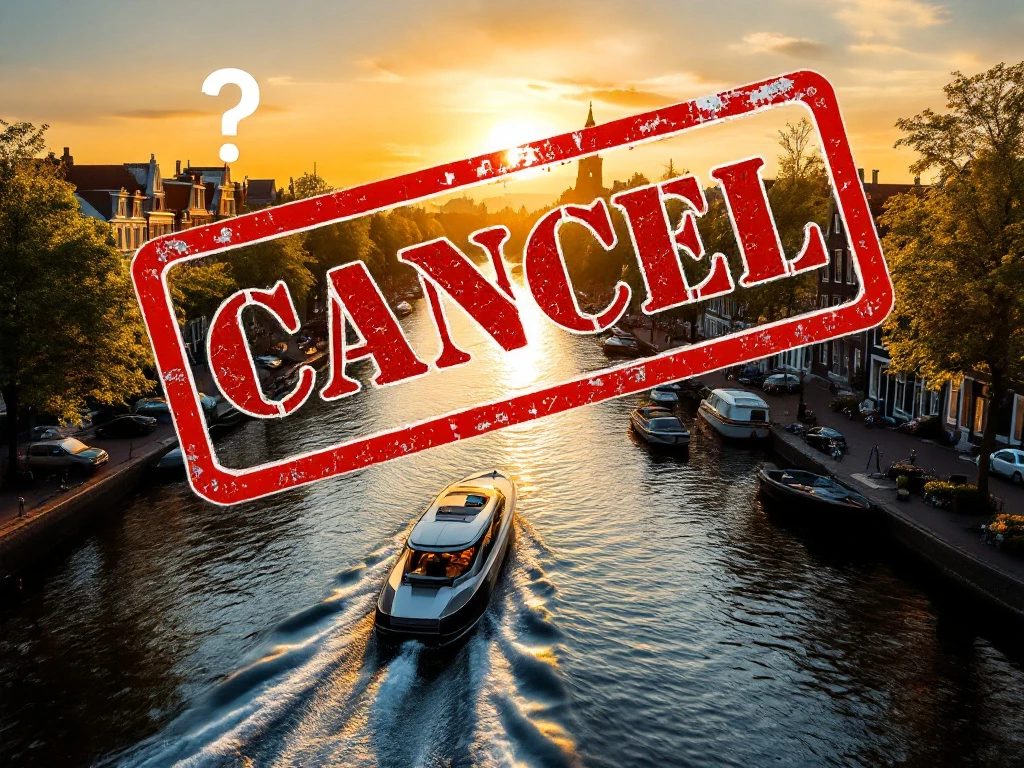 Electric boat on Amsterdam canal at golden hour with large red "CANCEL" stamp overlay and question mark in sky above historic Dutch buildings