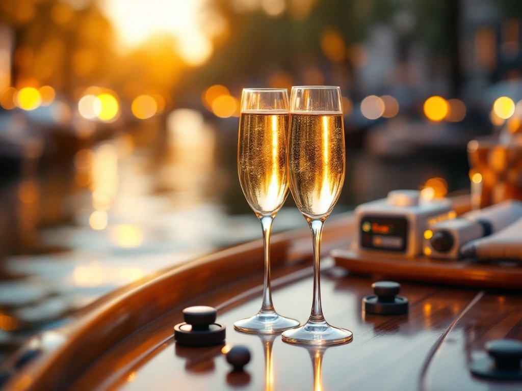 Champagne glasses on luxury canal boat deck with Amsterdam canal houses in background during golden hour