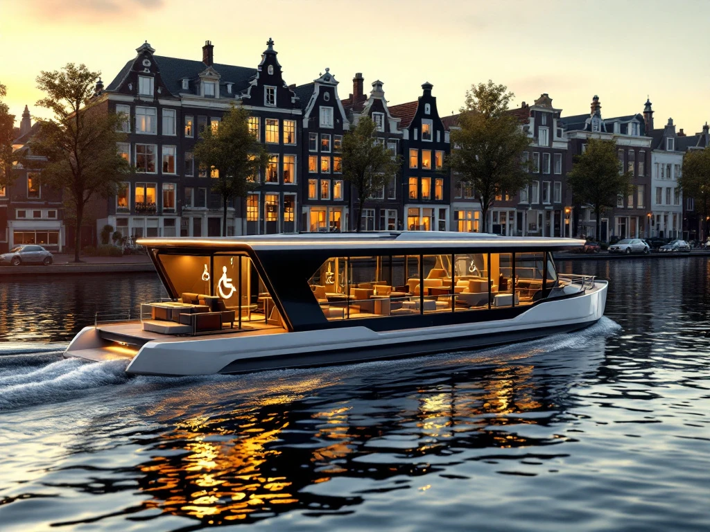 Accessible canal cruise boat with wheelchair ramp gliding through Amsterdam's historic waterways at golden hour