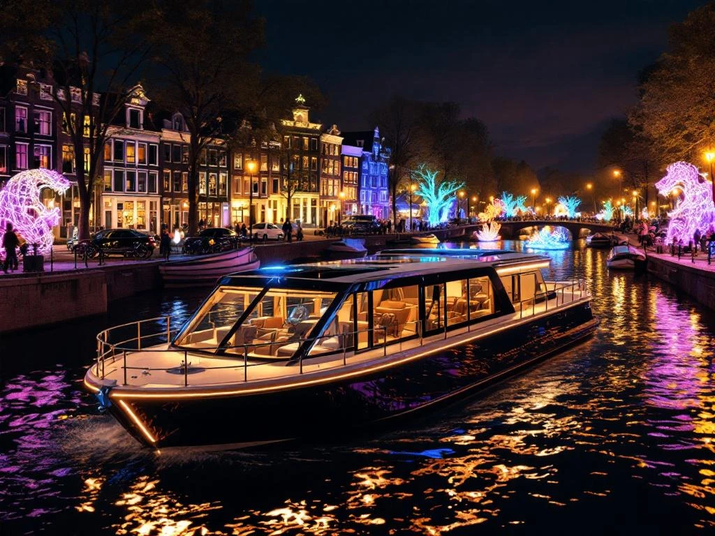 Accessible electric boat with wheelchair ramps and wide decks cruising Amsterdam's illuminated canals during Light Festival