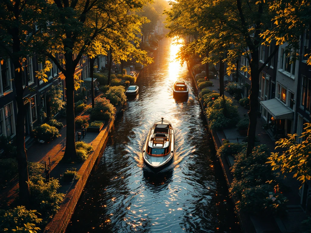 Electric boat gliding through Amsterdam's narrow canal lined with historic merchant houses at golden hour sunset
