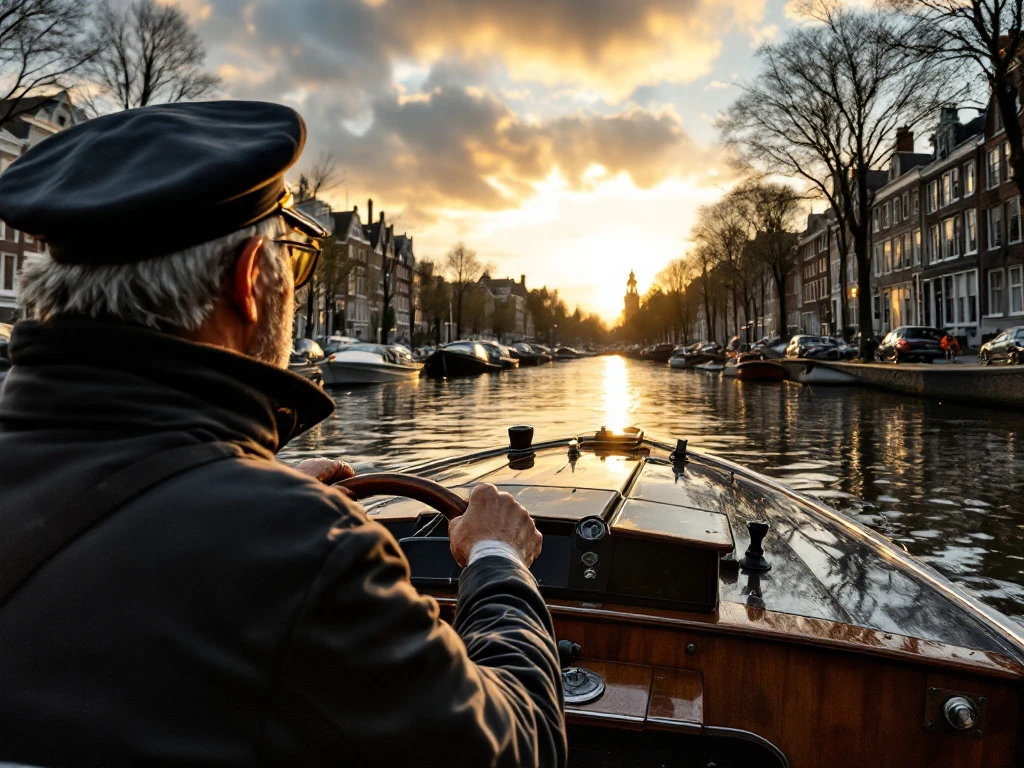 Electric boat skipper navigating Amsterdam canal at golden hour with historic Dutch houses reflecting in water