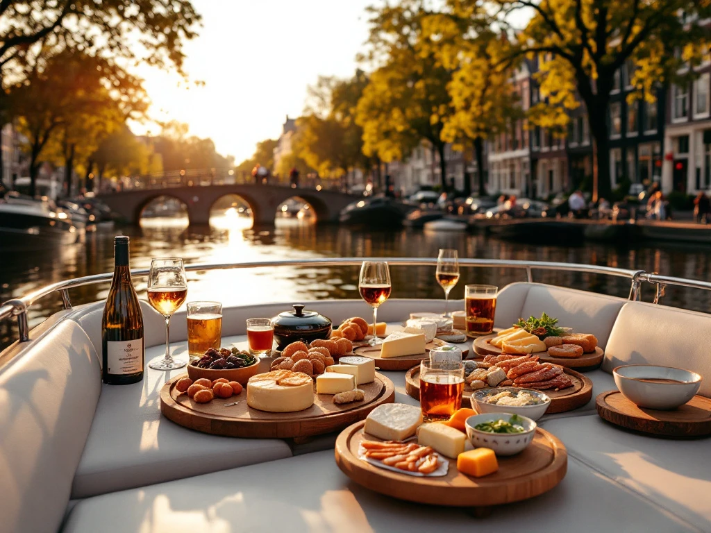 Luxury canal boat with gourmet Dutch food spread gliding through Amsterdam's historic waterways at golden hour