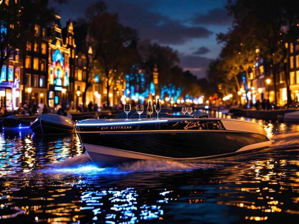 Electric boat with wine glasses cruising Amsterdam canal during Light Festival with colorful projections on historic buildings