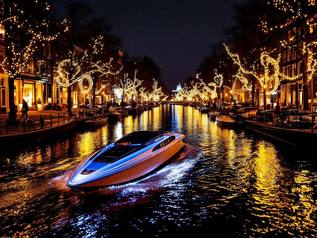 Electric boat on Amsterdam canal during Light Festival with golden and blue light reflections on water at night