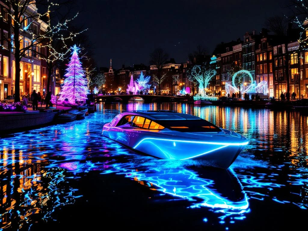 Electric boat gliding through Amsterdam canal during Light Festival with colorful art installations reflecting on water