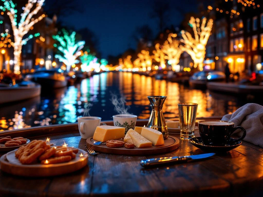 Electric boat with premium refreshments including hot chocolate and Dutch cheese gliding through Amsterdam's illuminated canals during Light Festival