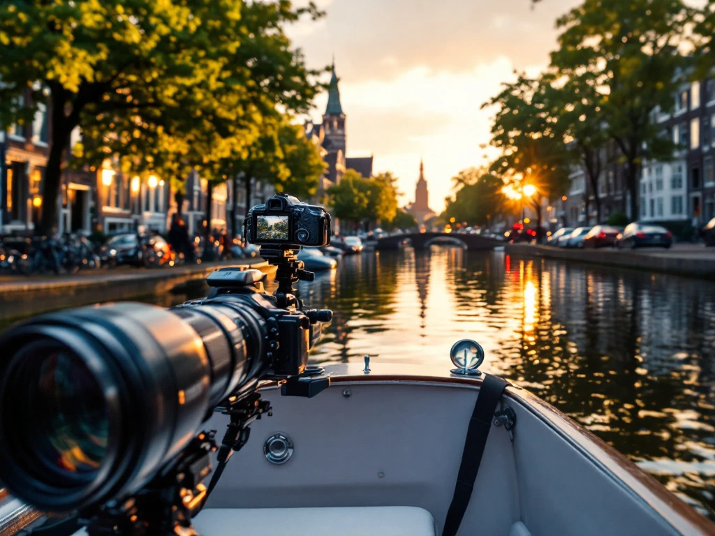 Professional camera on electric canal boat capturing Amsterdam's historic gabled houses reflecting in water at golden hour