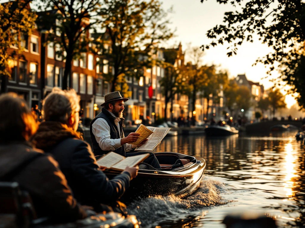 Local guide on electric boat tour gesturing toward historic Amsterdam canal houses during golden hour with attentive passengers