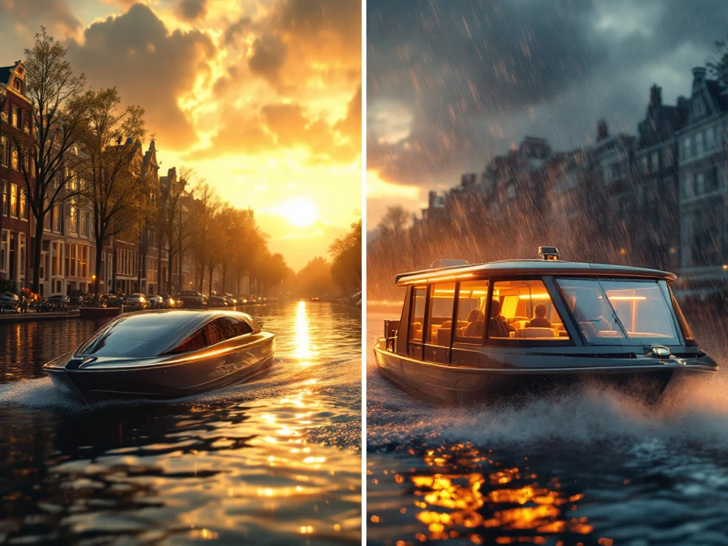Electric canal boats in Amsterdam: sunny weather boat on left, rain-equipped boat with canopy on right, showing adaptability.
