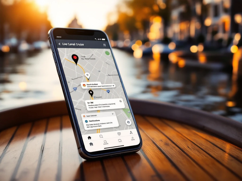 Smartphone displaying Amsterdam canal cruise app with GPS map on wooden boat deck, historic canal houses in background