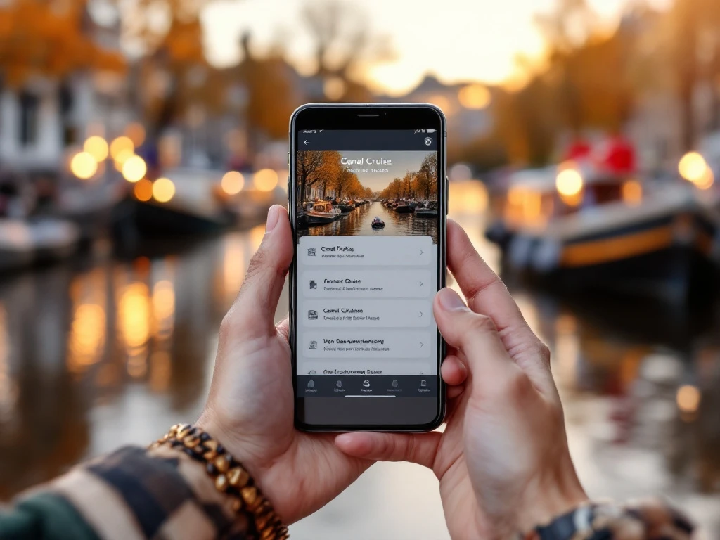 Hands holding smartphone with canal cruise booking app, Amsterdam historic houses and boats blurred in background