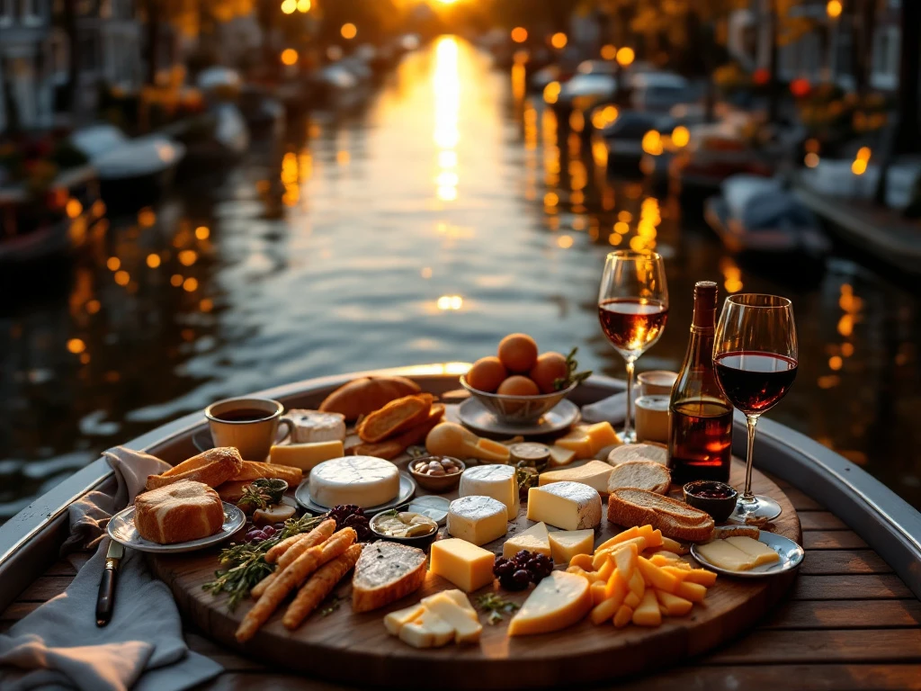 Charcuterie board with Dutch cheeses and wine on Amsterdam canal cruise boat at golden hour with historic houses backdrop