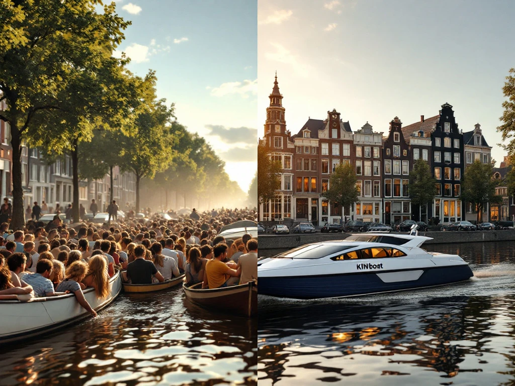 Split-screen comparison of Amsterdam canal cruises: crowded tourist boat versus serene KINboat electric vessel gliding past historic gabled houses