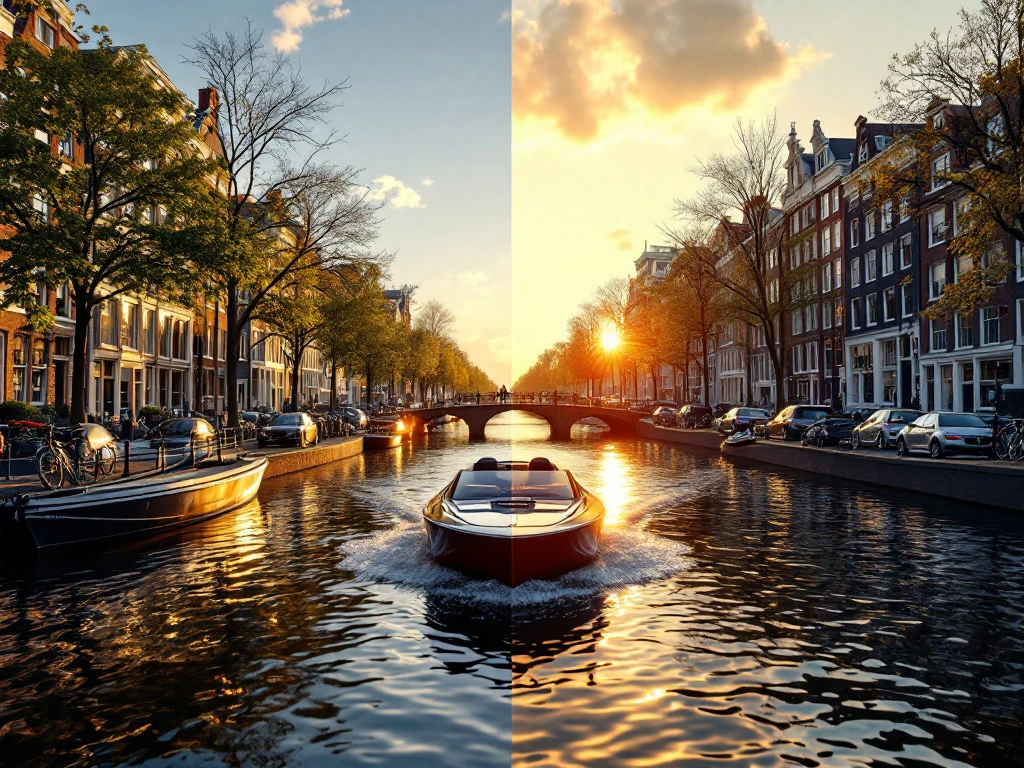 Amsterdam canal split-scene showing day cruise boat in sunlight on left, evening electric boat during golden hour sunset on right.