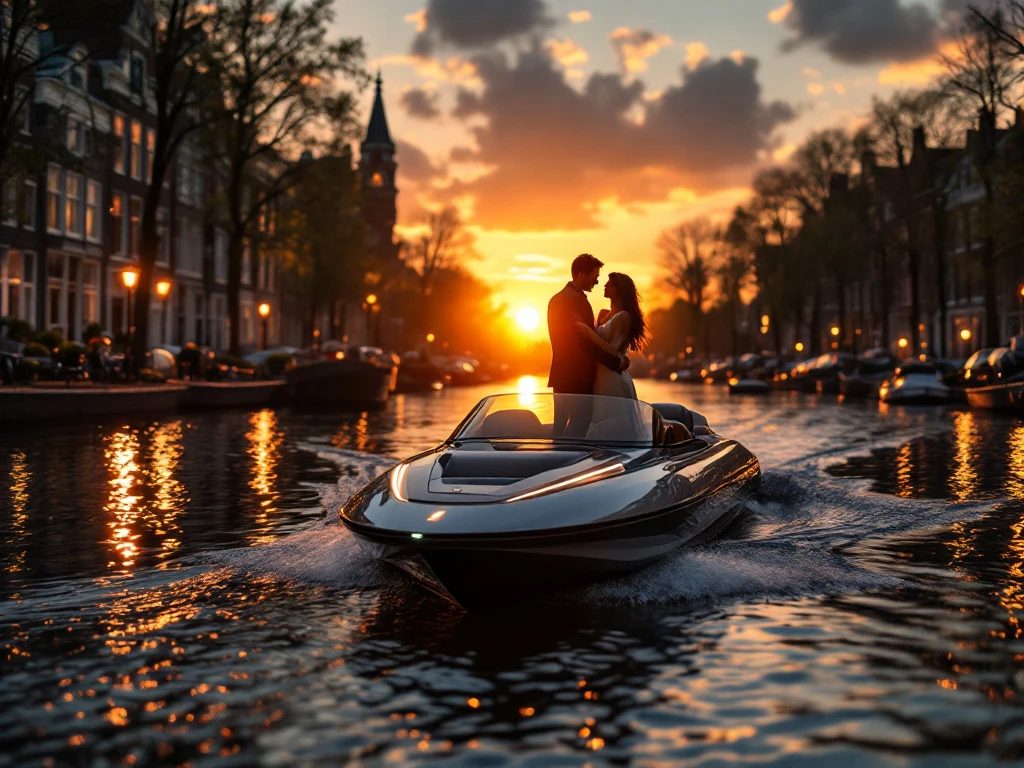 Romantic couple silhouetted on electric boat cruising Amsterdam canals at sunset with historic gabled houses reflected in water