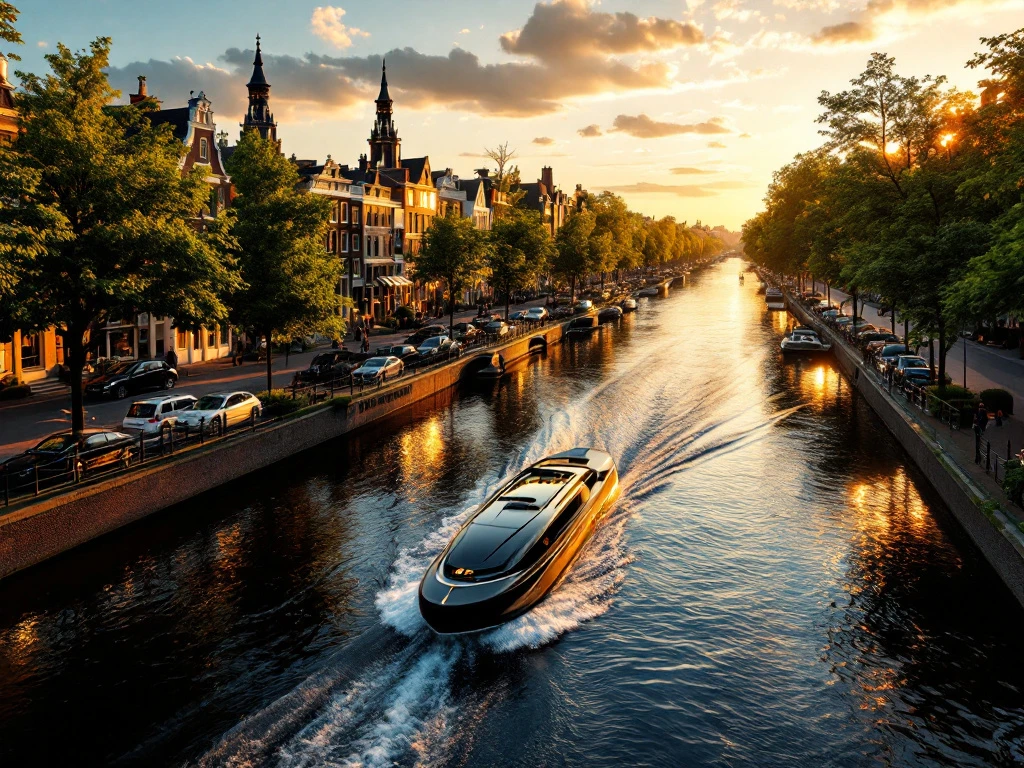 Electric boat cruising Amsterdam canals at golden hour with historic Dutch houses and bridges reflected in water