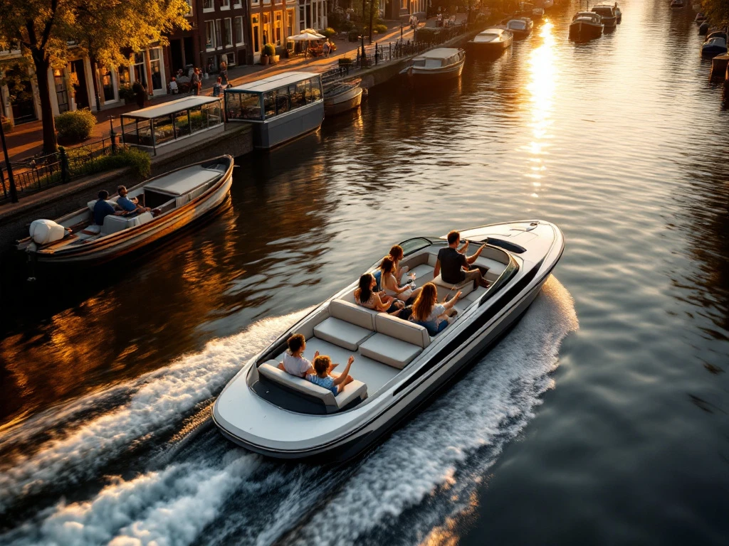 Electric boat with happy family cruising Amsterdam canals at golden hour, historic Dutch architecture reflecting in water