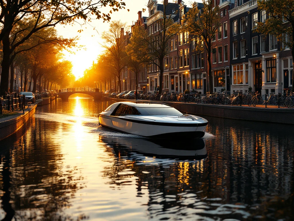 Electric boat cruising Amsterdam canal at golden hour with historic Dutch gabled houses and warm sunlight reflections
