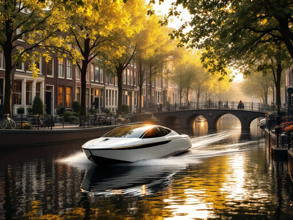 White electric boat gliding through calm Amsterdam canal at golden hour with historic Dutch houses and tree reflections