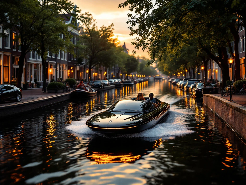Modern electric boat cruising peaceful Amsterdam canal at golden hour with historic Dutch houses and warm reflections