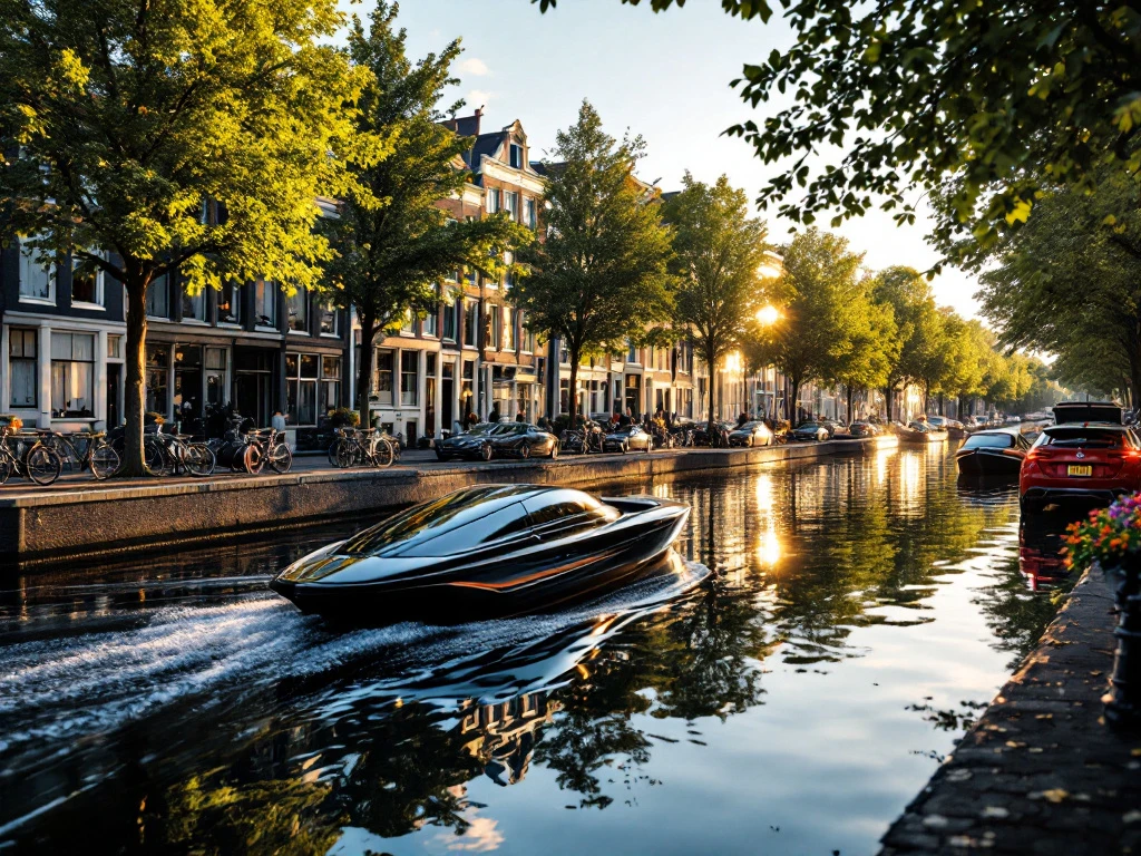 Electric boat gliding through peaceful Amsterdam canal with traditional Dutch houses and golden hour reflections